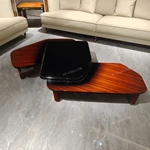 Integrated Coffee Table with Natural Wood Veneer and Dark High-Gloss Center Top